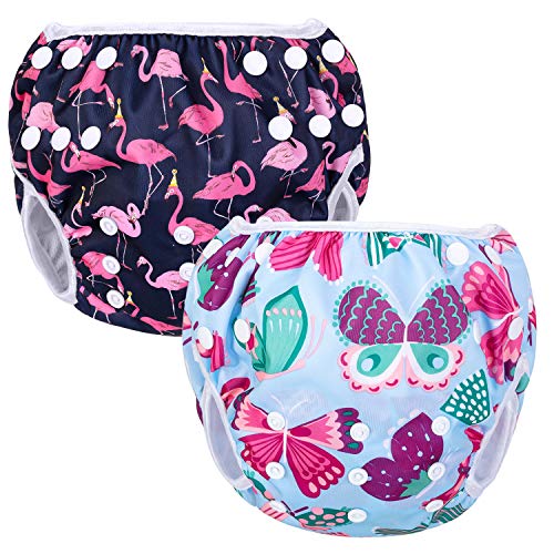 Luxja Riutilizzabile Pannolini da nuoto (Confezione da 2), Costume Pannolino Lavabili, Impermeabile Pannolino Piscina (0-3 anni), Butterfly + Flamingo