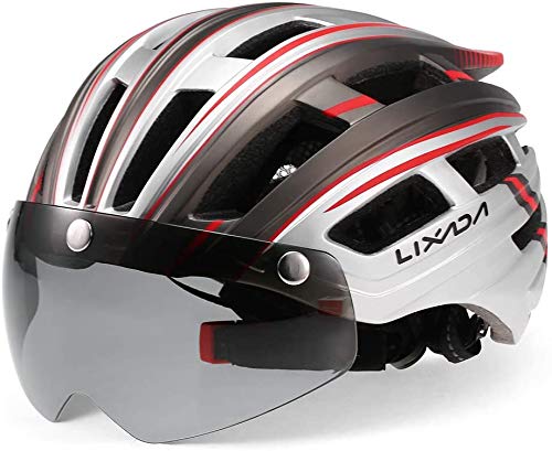 Lixada Mountain Bike Helmet Casco da Motociclismo con Luce Posteriore Staccabile Visiera Magnetica UV Protettiva (Rosso Argento)