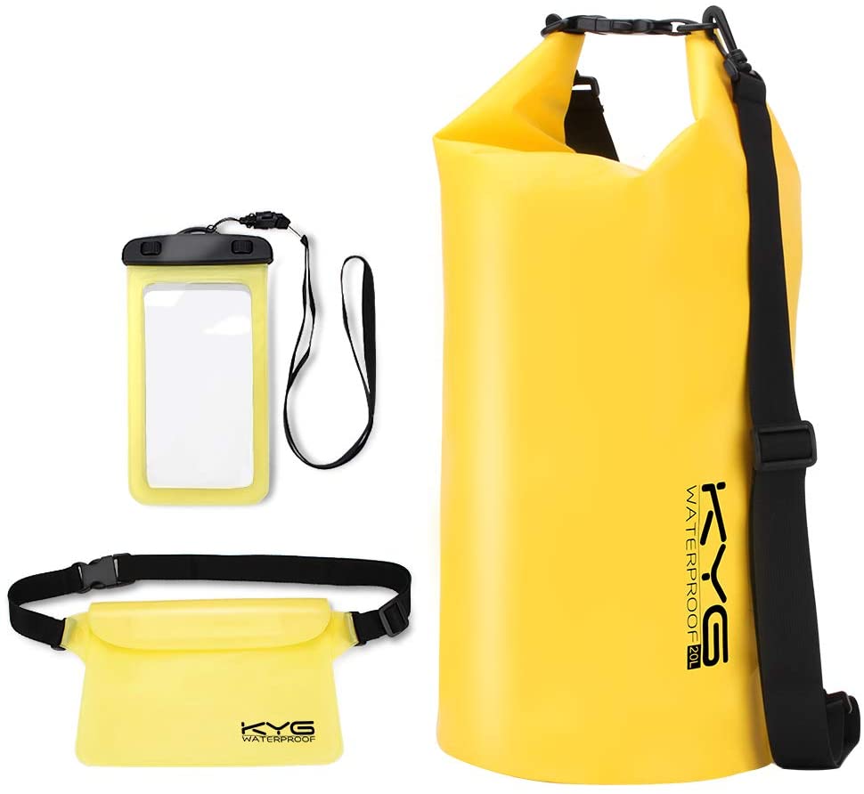 Borsa Impermeabile a Tracolla Regolabile 20L Kit 3 in 1 Sacca Acqua Resistente Custodia Case per Cellulare Waterproof Zaino per Nuoto Sci Pesca Trekking Surf Rafting Campeggio Canoa Nautica Giallo