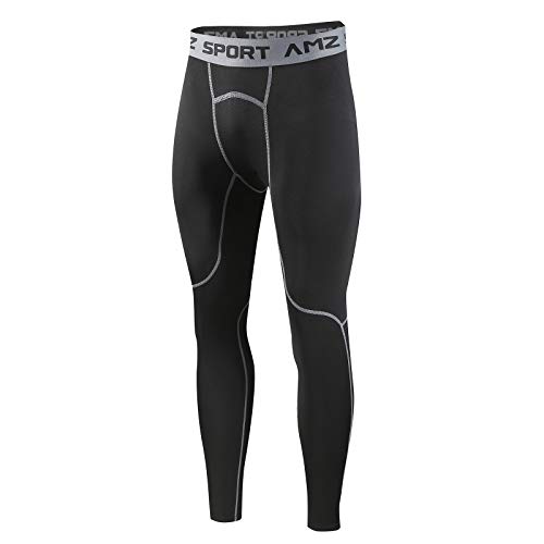 AMZSPORT Pantaloni Compressione Uomo Calzamaglia Lunga Termici in Pile Leggings Running Palestra, Nero Grigio, XL