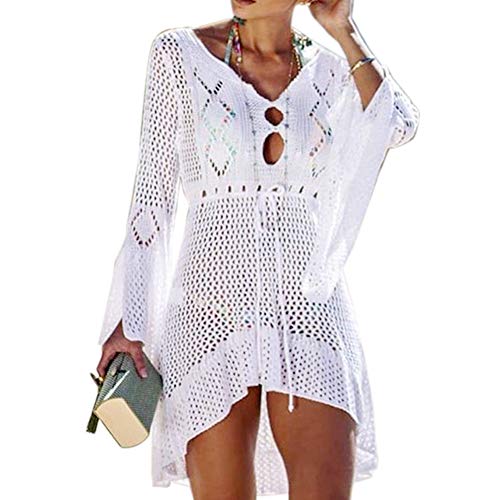 Tacobear Sexy Copricostume da Bagno Donna in Maglia Estate Abito da Spiaggia Copribikini in Cotone Copricostumi Parei Bikini Cover Up Camicetta Maglia Tunica (Bianco)