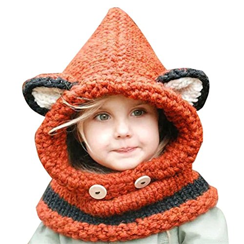 Bambino Cappello Sciarpa Impostato,Volpe Animale Prova di Vento Cappelli Maglia Cappuccio Sciarpa Berretti per Autunno Inverno (Arancia)