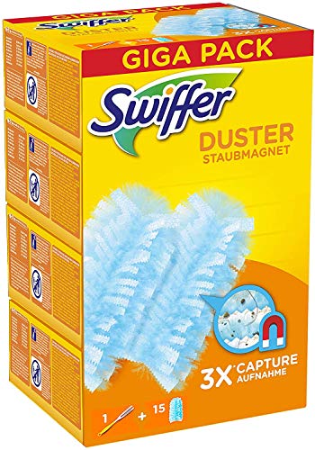 Swiffer Duster Starter Kit Piumino Catturapolvere Più Ricambi, 1 Manico e 15 Piumini, Catturano e Intrappolano Fino a 3 Volte Più Polvere e Pel Rispetto a un Piumino Tradizionale