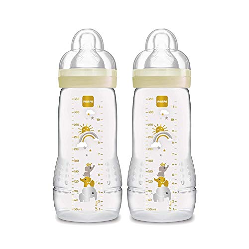 Mam Easy Active, Set di 2 Biberon con Tettarella Misura 3 (Flusso Rapido), 4+ Mesi, 330 Ml, Giallo