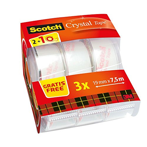 Scotch Nastro Adesivo Trasparente Multiuso, Confezione Multipla da 3 Rotoli di Scotch Crystal Tape per Pacchi, 2 + 1 Dispenser di Nastro Adesivo a Lunga Tenuta per Carta, Cartone 19 mm x 7.5 m