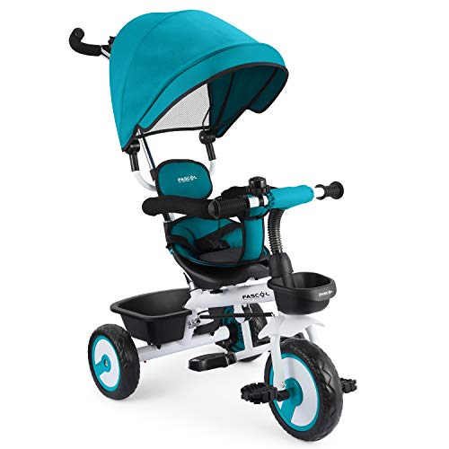 Fascol 4 in 1 Triciclo Passeggino per Bambini Triciclo con Sedile Girevole e Tenda da Sole Regolabile Adatto per età 12 Mesi - 5 Anni,Blu