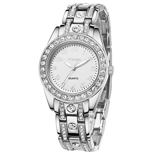 Orologio donna YOSIMI con display analogico e bracciale Numeri stile arabo argento lussuoso Forma rotonda con cristalli Bling e mani luminose Impermeabile