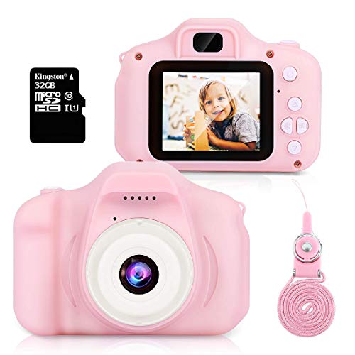 Hommie Macchina Fotografica per Bambini Fotocamera 1080 HD 32G SD(Incluso) Selfie Videocamera e 3 Giochi 2 Rosa per 3-10 Anni