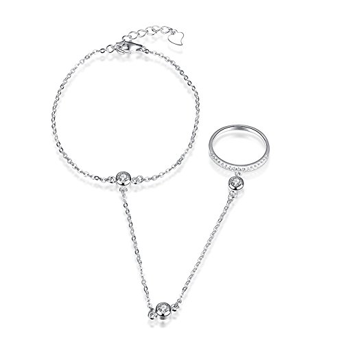 NYKKOLA, baciamano in argento Sterling 925 e zirconia cubica, braccialetto alla schiava, alla moda, con anello collegato tramite una catena