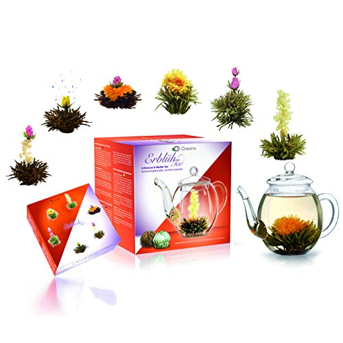 Creano – un mix di tè di fiori – Set regalo „Fior di Tè“ con bricco di vetro | 3x Tè bianco e 3x Tè nero (6 tipi diversi)