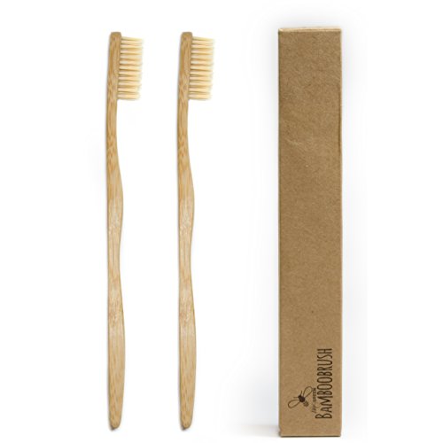 BeeClean Bamboobrush, spazzolini manuali ecologici per adulti, in 100% legno di bambù sostenibile, con setole di morbidezza media, in confezione biologica biodegradabile, set da 2
