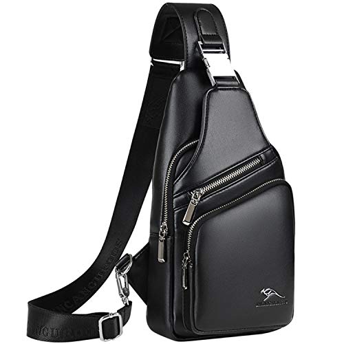 QXuan Zaino Monospalla da Uomo Pacco Petto Retro Vera Pelle Sportivo Viaggio Bicicletta Con porta di ricarica USB Earphone Hole Borsa a Tracolla (nero 2)