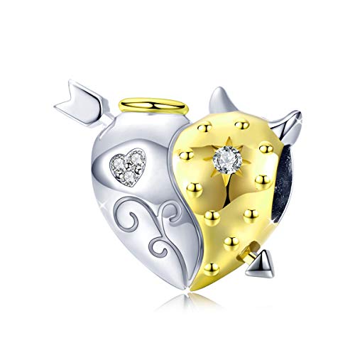Ciondolo a forma di cuore, con metà angelo e metà diavolo, con cristalli, compatibile con braccialetti Pandora, in argento Sterling 925