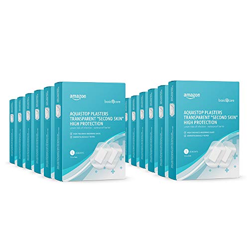 Amazon Basic Care - Cerotti trasparenti Aquastop, effetto “seconda pelle”, ad alta protezione - 60 cerotti, 12 confezioni da 5 unità (7,5 x 5 cm)