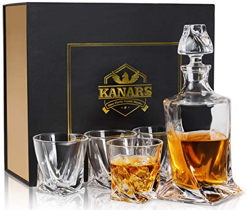 KANARS Bottiglie e Bicchieri whisky, 800ml Bottiglia con 4x 300ml Bicchieri, Decanter da Whiskey Cristallo, Bellissimo Regalo, Set di 5 Pezzi
