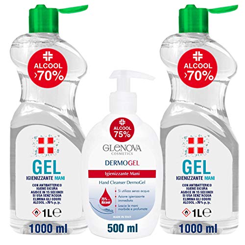 2 Litri Gel per Mani Alcool >70% con 500ml Dispenser >75% GLENOVA Igienizzante Antibatterico con Dosatore Sanificante Alcolico Profumato Azione Rapida Contro Germi e Batteri