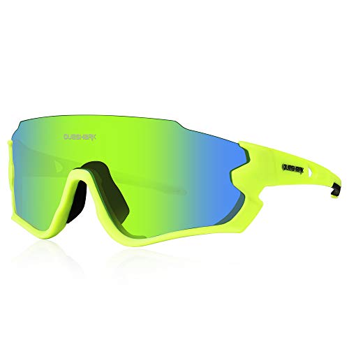 Queshark Polarizzati Occhiali Ciclismo con 4 Lenti Intercambiabili Occhiali Bici Occhiali Sportivi da Sole Anti UV da Uomo Donna per Corsa,MTB QE44 (Verde)