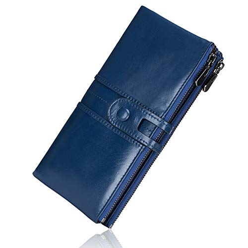 ROULENS - Portafogli da donna in vera pelle, multifunzione, sottile, con cerniera, grande capacità porta carte con RFID (blu navy)