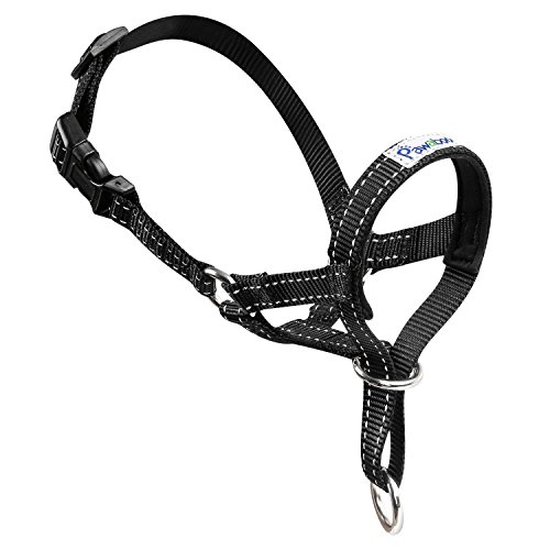 Pawaboo Cavezza da Testa per Cane, Cintura Regolabile Riflettente in Nylon con Museruola e Collare, Taglia M, Nero