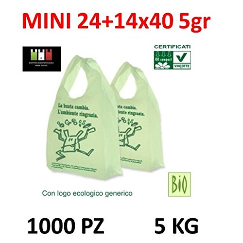 1000 MINI BUSTE BIODEGRADABILI shoppers biocompostabili 24+14x40 bio biodegradabili e compostabili gr 5 UNI 13432 (1000 shopper)