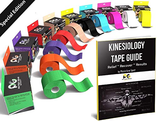 Physix Gear Tape kinesiologico - Nastro K Tape Sportivo 5m x 5cm Non Tagliato - Nastro Adesivo Impermeabile per dolori muscolari al Ginocchio, Gomito, Schiena, Spalla - Sport Tape con Guida 1PZ Nero