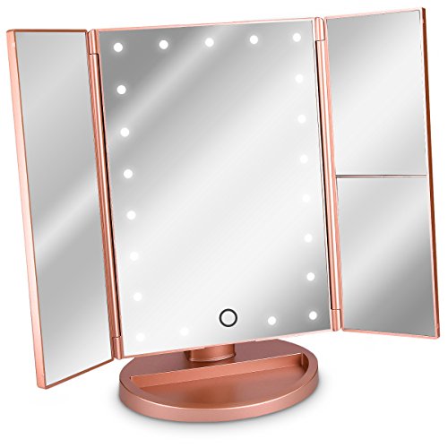 Navaris Specchio pieghevole per trucco a LED - specchio cosmetico ingranditore illuminato per make up con specchietti ingrandimento x2 x3 - oro rosa