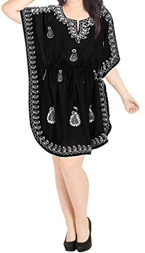 LA LEELA Donne Rayon Kaftan Tunica Ricamato chimono Stile più Dimensione Caftano Vestito per Loungewear Vacanze Indumenti da Notte & Ogni Giorno Copertina su Top Nero_H855