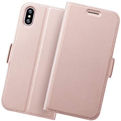 Holidi Cover iPhone XS, Custodia iPhone X Libro, TPU Antiurto Portafoglio Supporto Stand Carta Fessura Magnetica Custodie di Pelle Flip Case Cover per Cellulari Apple iPhone 10. Oro Rosa