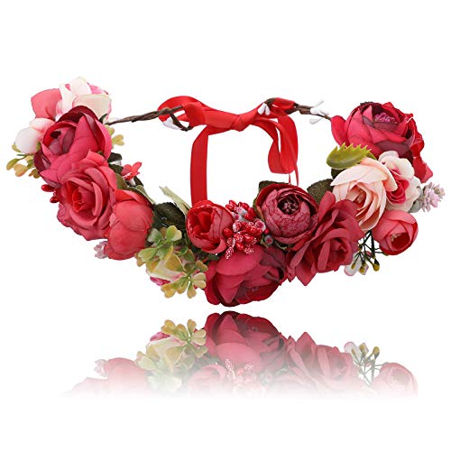 Corona di fasce per capelli da donna per ragazze - Ghirlanda di ghirlande di fiori fatti a mano con nastro per festa di matrimonio (Rosso + rosso scuro)