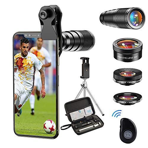 Apexel Cellulare Camera Lens-22X teleobiettivo+25X Macro Lens+120 ° grandangolo + 205 ° Fisheye 4 IN 1 Kit obiettivo per telefono con treppiedi e otturatore remoto per iphone 11 pro huawei P30 Samsung