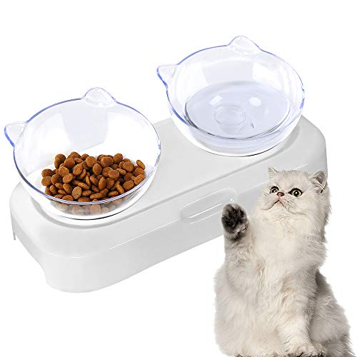 Timebox - Ciotola per gatti con supporto per il collo inclinato a 15°, ciotola per animali domestici e gatti, antiscivolo, doppio piatto per cibo e acqua