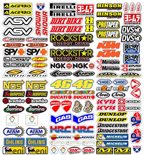 MAS DI VITALE MARIA ditta individuale Adesivi Moto Sponsor 113 Pz Sticker Motocross Grafiche Bici MTB Computer Motorino Kit Modellismo Vinile Lucido Marche Famose Pack (36X33 CM)