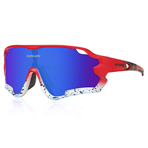 Queshark Polarizzati Occhiali Ciclismo con 4 Lenti Intercambiabili Occhiali Bici Occhiali Sportivi da Sole Anti UV da Uomo Donna per Corsa,MTB (Rosso Blu)