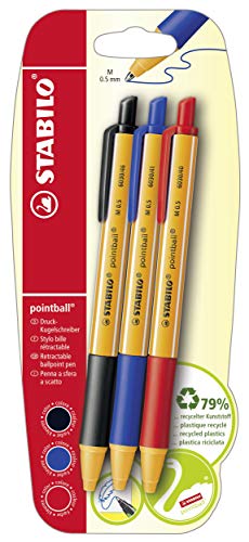 Penna a Sfera Ecosostenibile - STABILO pointball - 79% Plastica Riciclata - Pack da 3 - Nero/Blu/Rosso