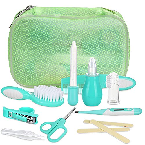 Lictin Set per la Cura del Bambino - Bellezza per Neonato, Pettine, Spazzolino da Denti, Dispositivo di Aspirazione Nasale per Unghie e Capelli -10 Pezzi (Verde menta)