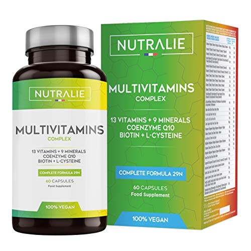 Multivitaminico Multiminerale Naturale Vegano | 29 Nutrienti Attivi | 9 Minerali, 13 Vitamine (A, D, C, D, E, K), Biotina, Coezima Q10 e L-cisteina | 60 Capsule | Prodotto da Nutralie