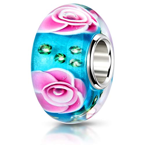 MATERIA 925 argento ciondolo a forma di rosa turchese Perle rosa verde - Perle in vetro di murano a forma di fiore per Beads braccialetto #440