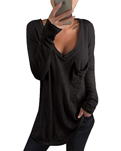 kenoce T-Shirt Manica Lunga Donna Scollo a V Profondo Camicetta Casual Sexy Loose Bluse Maglietta Donna Estiva ed Autunno U-Nero XL