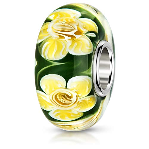 MATERIA in vetro di Murano perline verde giallo Element - 925 argento Murano Perle di vetro e perline verde con fiori gialli #1033