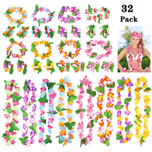 Annhao 32 Pezzi Ghirlanda Hawaiana Leis Luau con 16 bracciali 8 Fasce e 8 collane per Hawaiian Decorazioni per Vacanze Matrimoni spiagge Decorazioni di Compleanno Festa Carnevale Festival