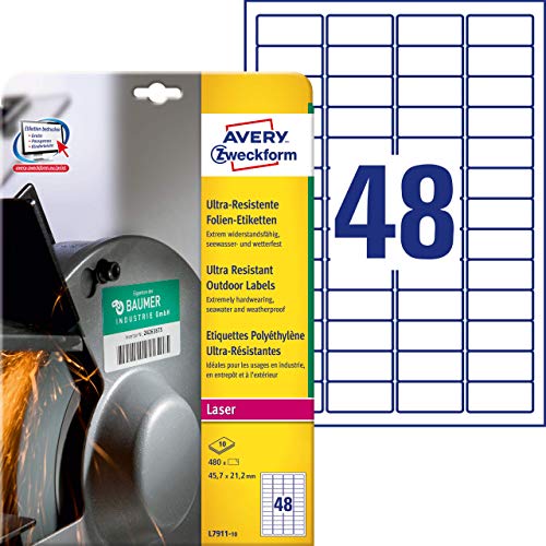 Avery L7911-10 Etichette Ultra Resistenti Polietilene Flessibile, 10 ff, 45.7 x 21.2 mm, Bianco