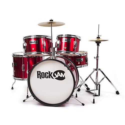 RockJam completa 5-Piece Junior Drum Set con Piatti, Bacchette, Trono regolabile e Accessori - Red