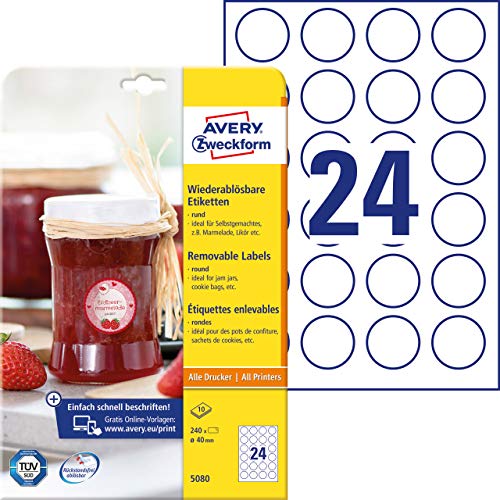 Avery Zweckform 5080 marmellata etichette (A4, 240 Etichette, rimovibile, rotondo, ø 40 mm) 10 fogli, bianco