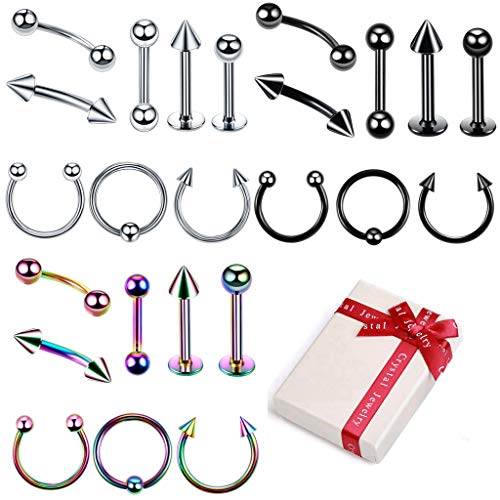 Crazy-M Set 3 Piercing Colore 24Pcs Acciaio Chirurgico Piercing per Il Corpo Stud Barbell per Sopracciglia Lingua Naso Ear Lip capezzoli Sopracciglio elica Trago Cartilagine Anello(1.2 * 10MM)