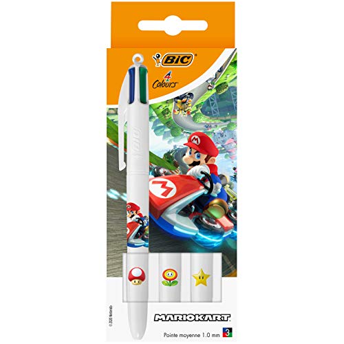 BIC Mario Kart - Penna a sfera retrattile con punta media (1,0 mm), con decorazioni assortite, confezione da 3