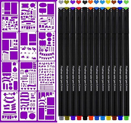 12 Pezzi Stencil Bullet Journal Accessori e 12 Colori Unici Penne FineLiner - Ideale per Bullet Journal, Appunti, Fumetti, Scrapbook, Progetti artistici, Agenda Libro DIY modello di disegno