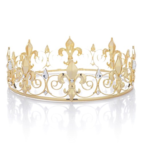 SWEETV Reale Corona da Re per Adulto Cristallo Principe Diadema Tiara Capelli Accessori Gioielli da Uomo, Oro