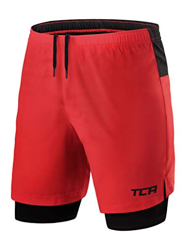 TCA Uomo Ultra 2 in 1 da Corsa/Gym Shorts con Tasche A Chiusura Zip - Rosso/Nero, S