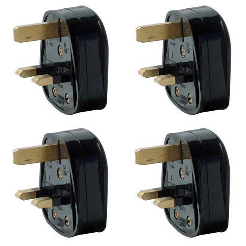 Pack of 4 UK 3 Pin 13A Fused Mains Plugs - Black by Solent Cables