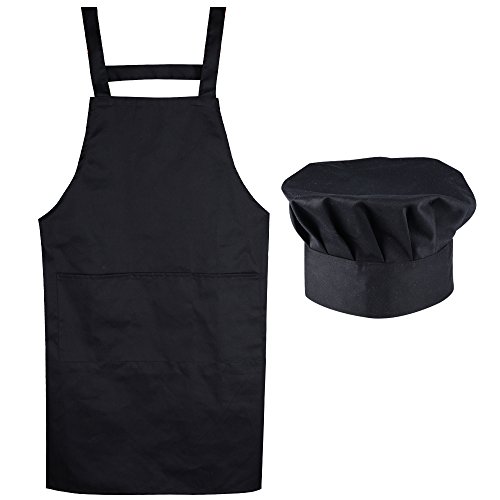 Grembiule con Tasche con Cappello Elastico da Cuoco Chef Cucina Ristorante BBQ Bar Nero Unisex